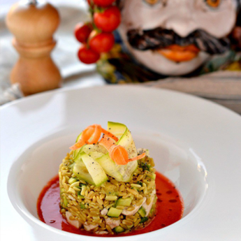 ricetta Insalata di avena e pesce spada su gazpacho essenziale